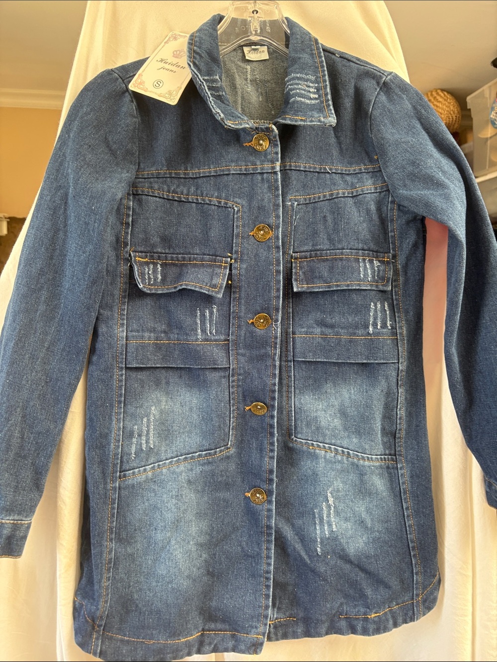 Huidan Denim Button-Front Long Jacket - Dark Blue